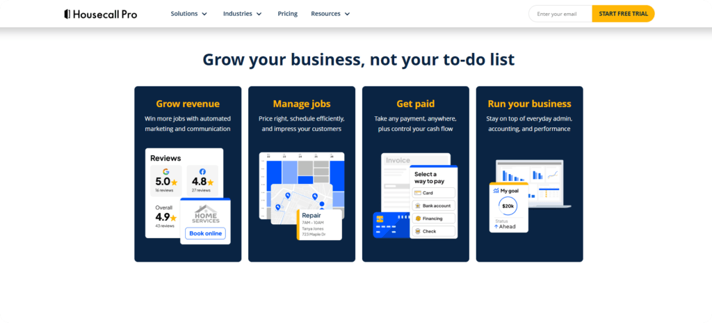 Housecall Pro homepage hero 'Everything to run and grow your business' showing service industries including Electrical, Handyman, Home Cleaning, HVAC, General
  Contractor, Appliance, and Window Cleaning