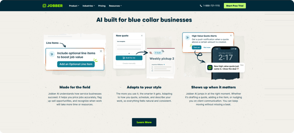 Jobber 'AI built for blue collar businesses' feature page showing line items, quote creation, and job alerts with 'Made for the field' workflow cards