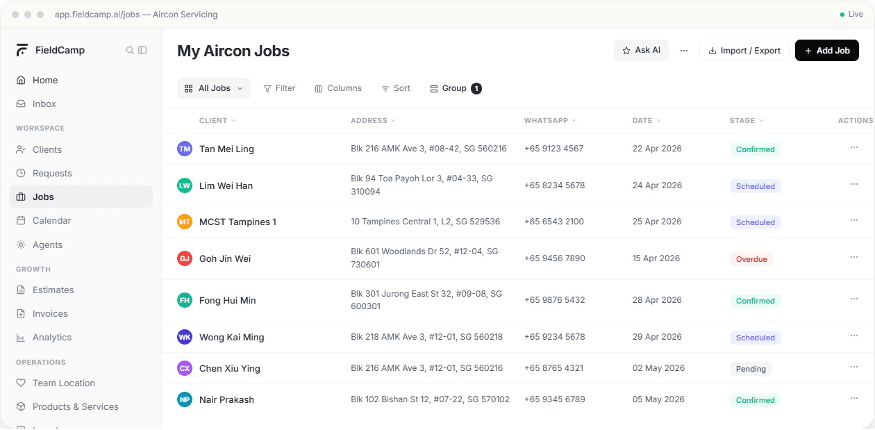 FieldCamp Jobs view for aircon servicing — contracts, dispatch, and scheduling