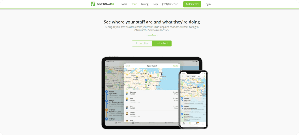  ServiceM8 'See where your staff are and what they're doing' dispatch feature page showing tablet and phone mockup with real-time staff location map for Singapore field
  service teams