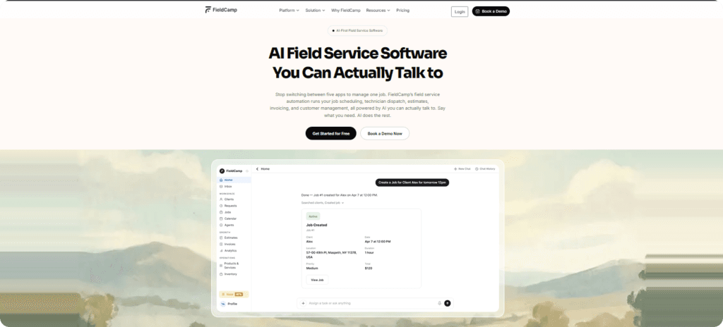 FieldCamp AI Command Center chat interface scheduling a job instantly via natural language input