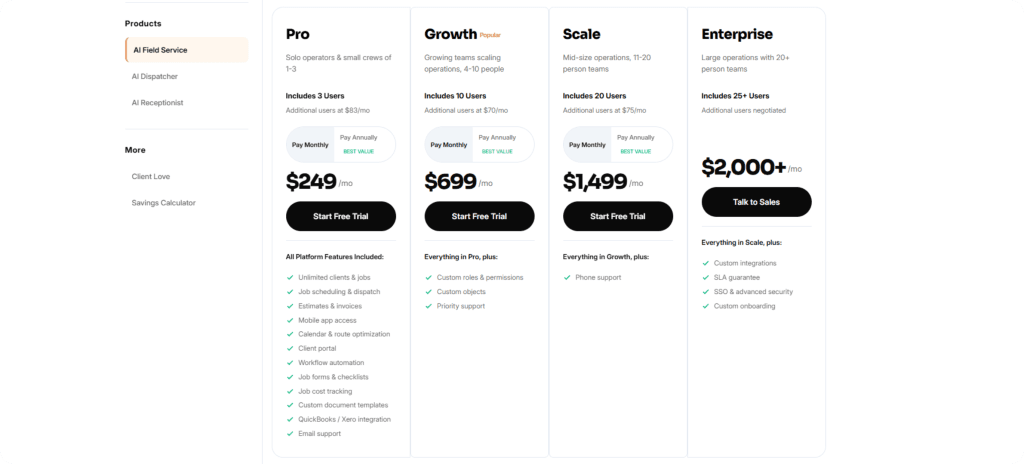 FieldCamp AI Field Service pricing plans — Pro, Growth, Scale, and Enterprise with flat SGD pricing