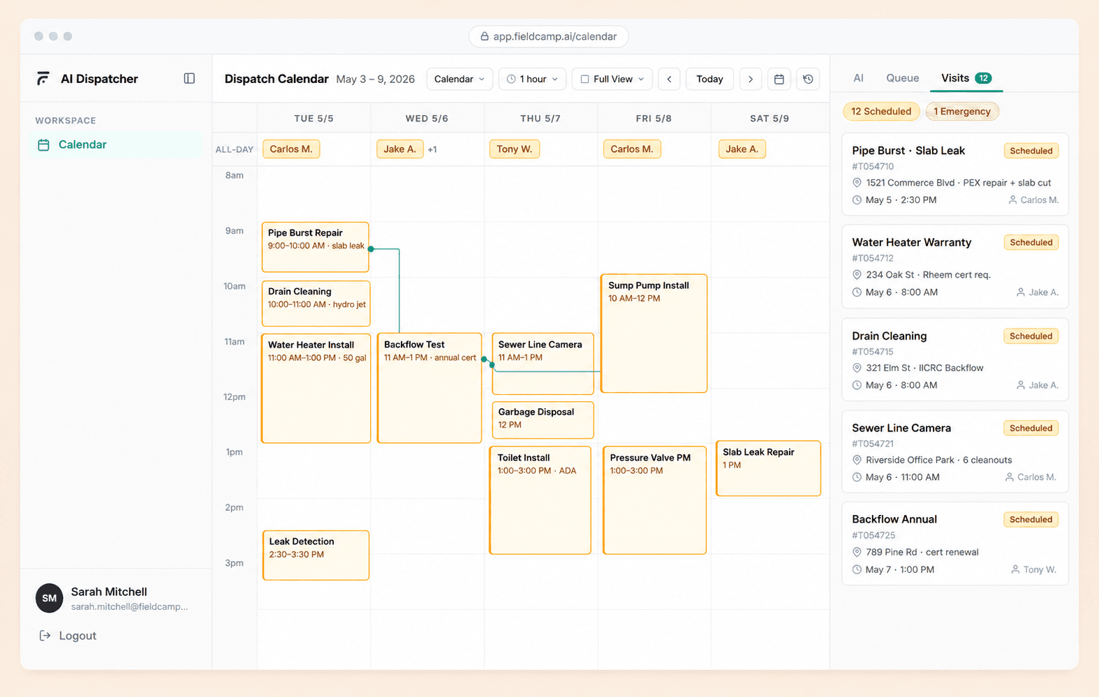 FieldCamp plumbing dispatch dashboard