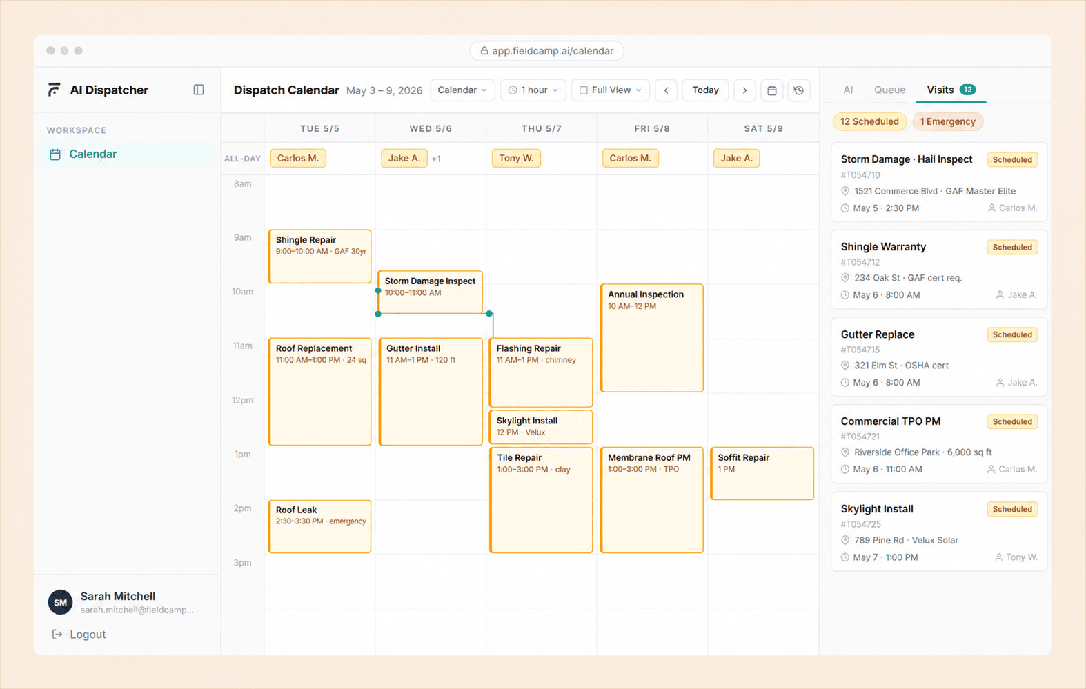 FieldCamp roofing dispatch dashboard
