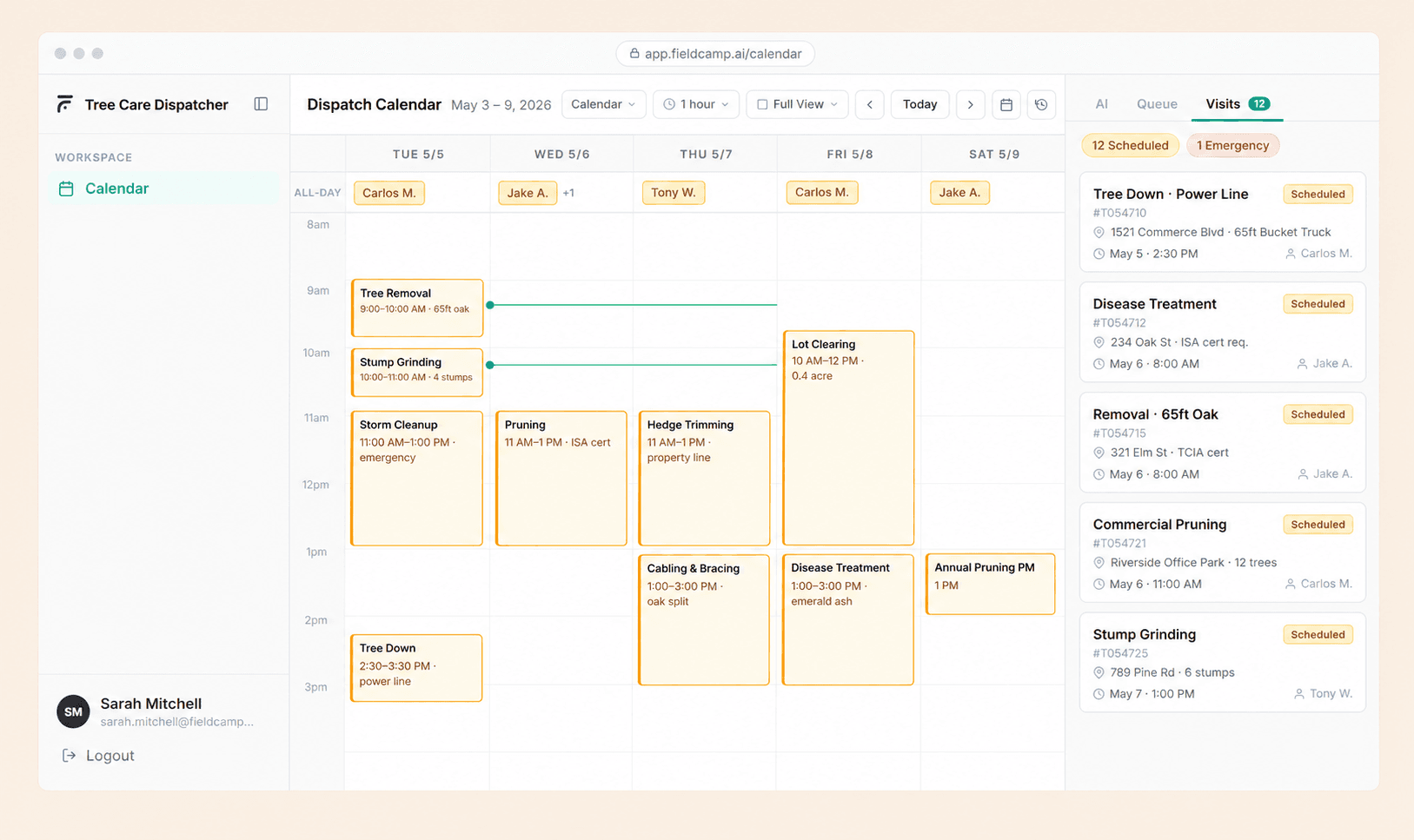 FieldCamp tree care dispatch dashboard