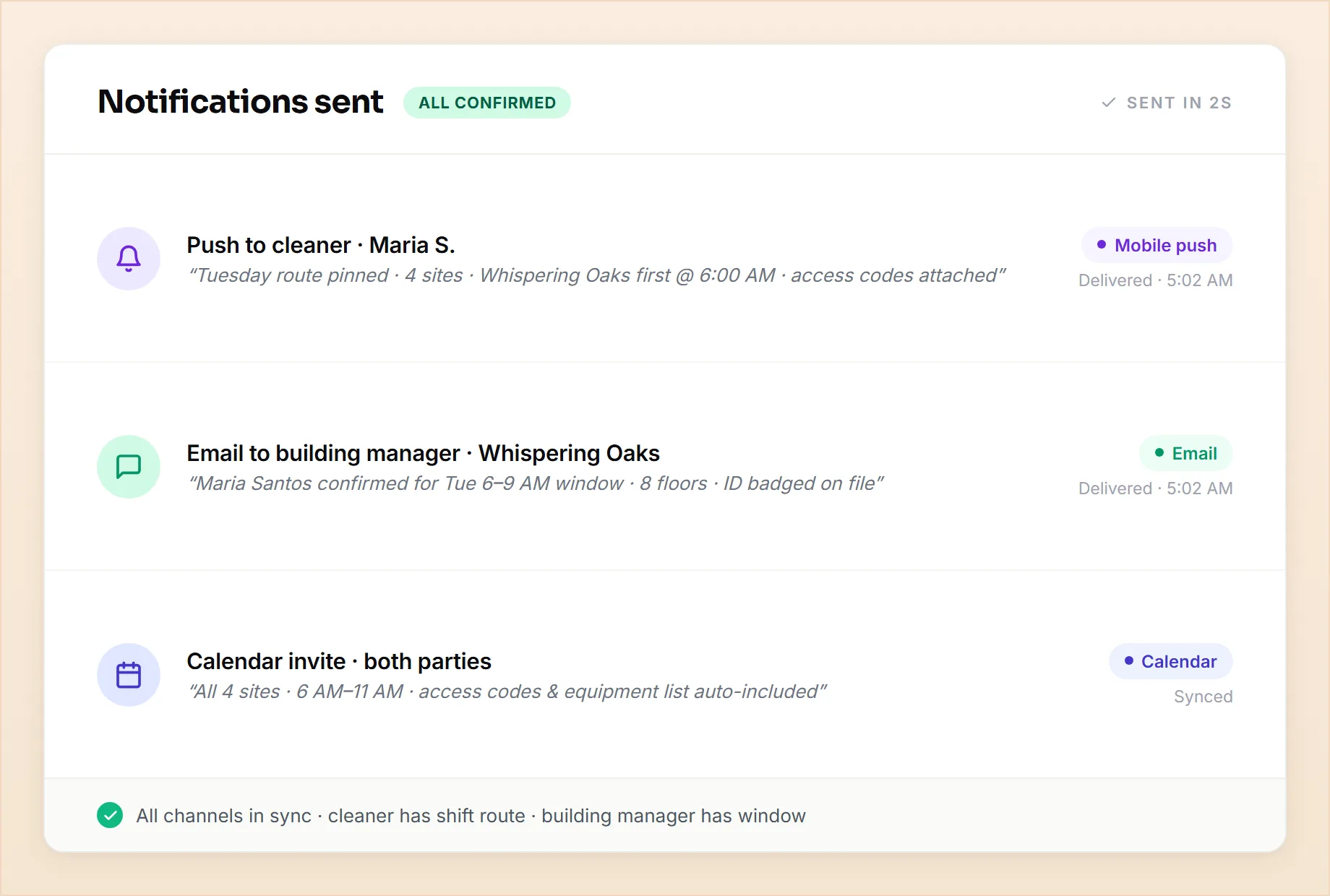 Cleaner app and building manager notifications