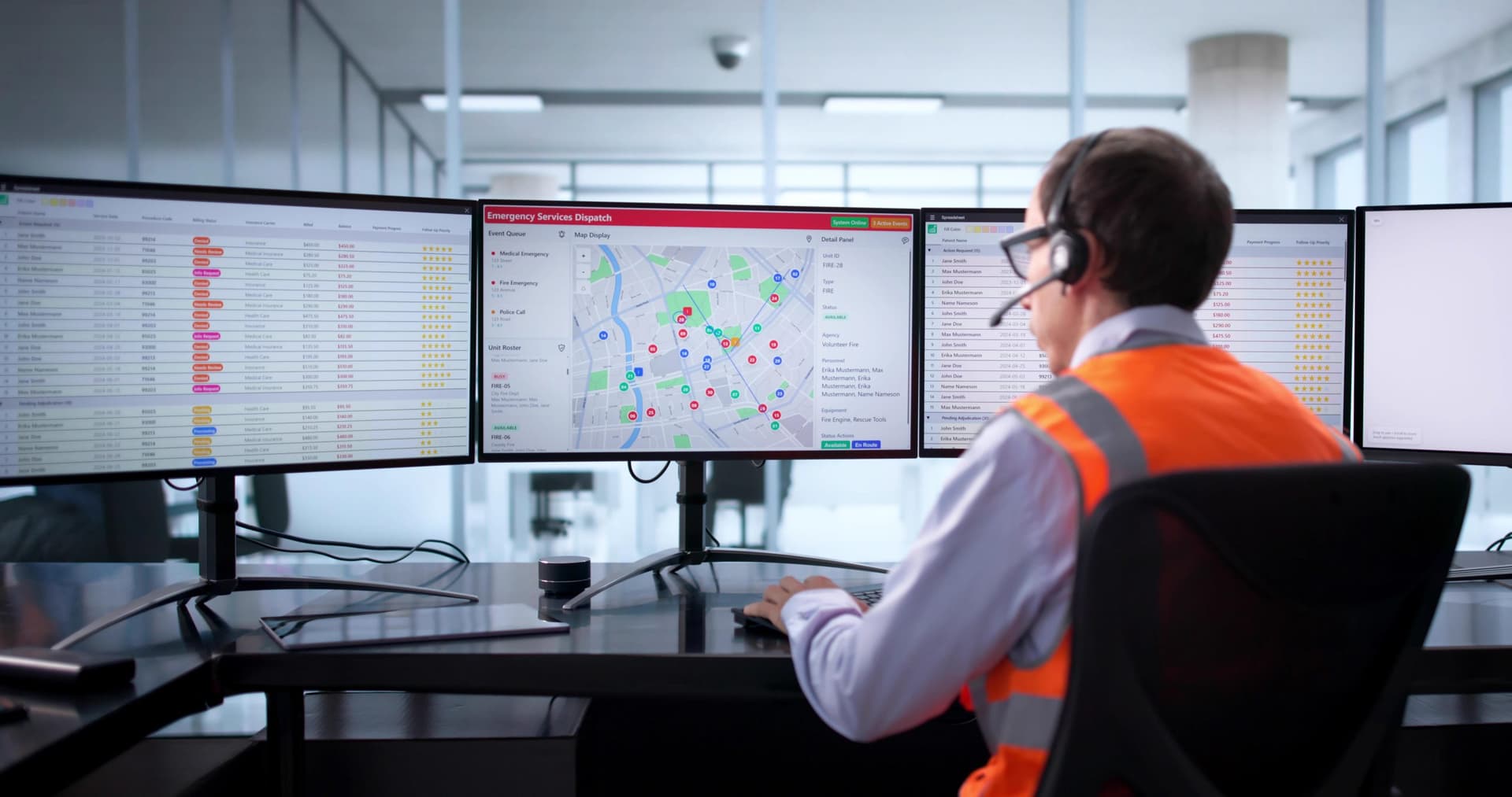 Emergency response technician using AI Dispatcher on a tablet showing live emergency assignment