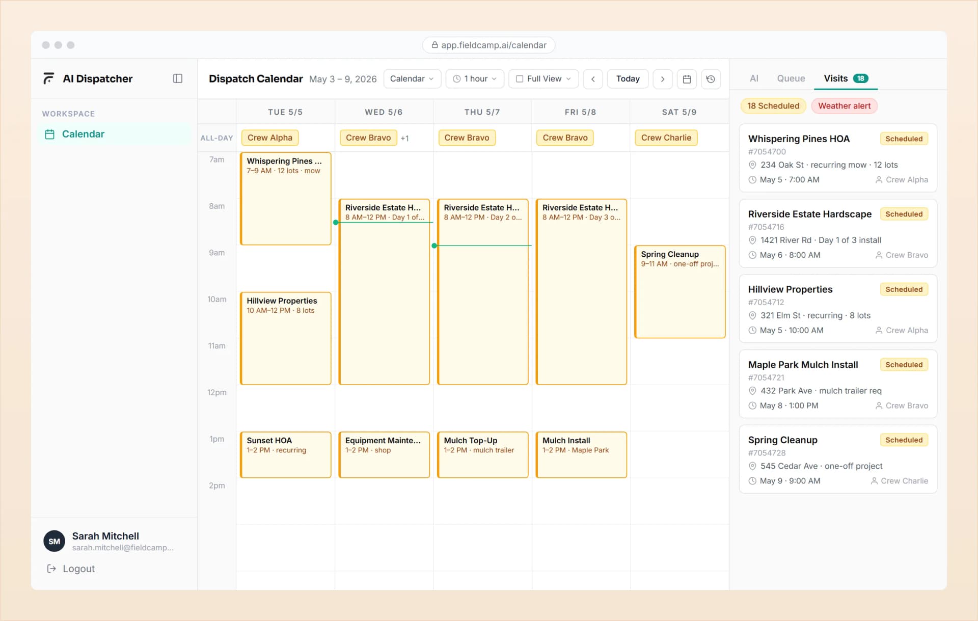 FieldCamp landscaping dispatch dashboard