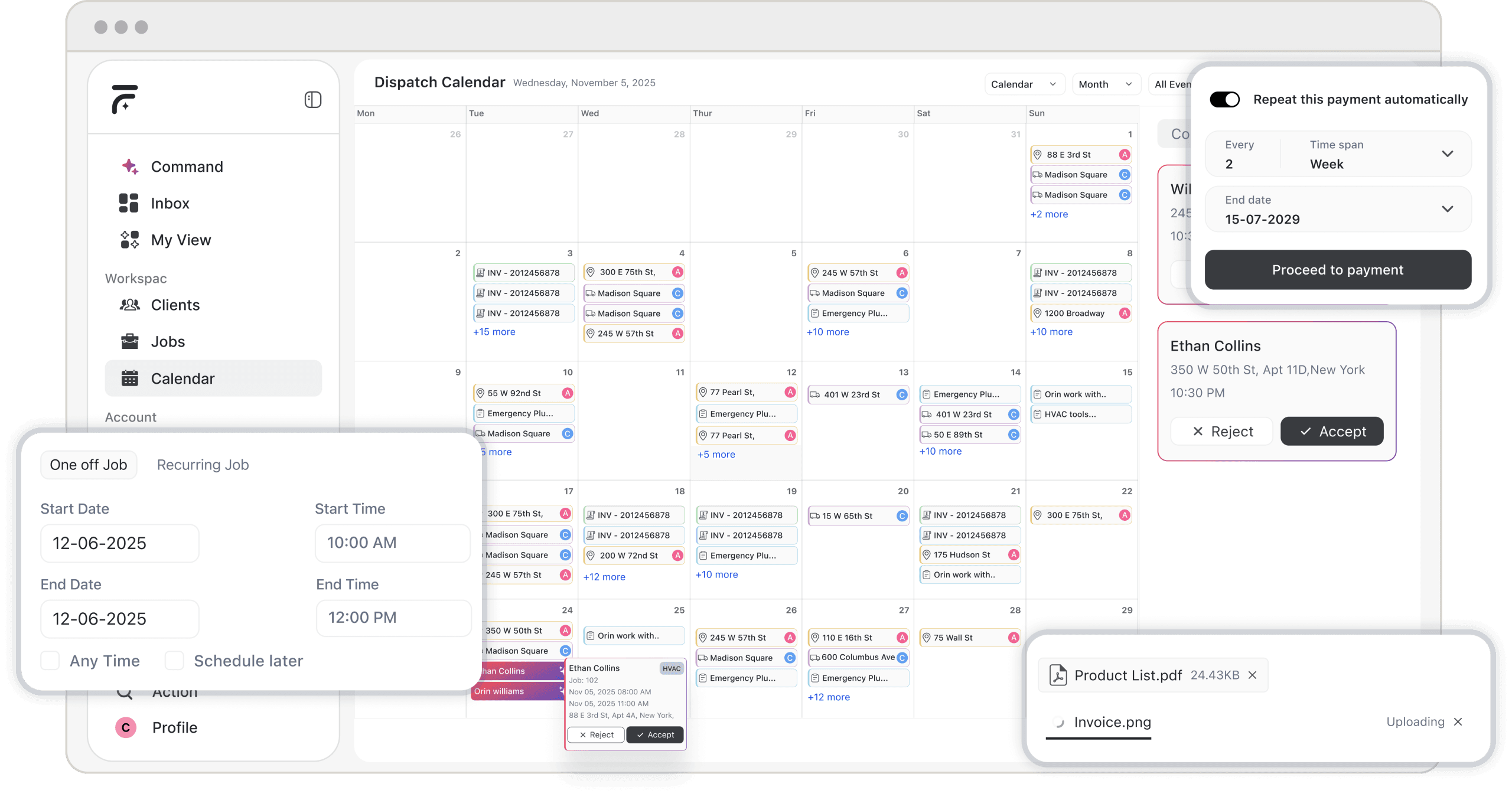 FieldCamp dispatch calendar showing scheduled jobs, technician assignments, and recurring job settings for field service teams.