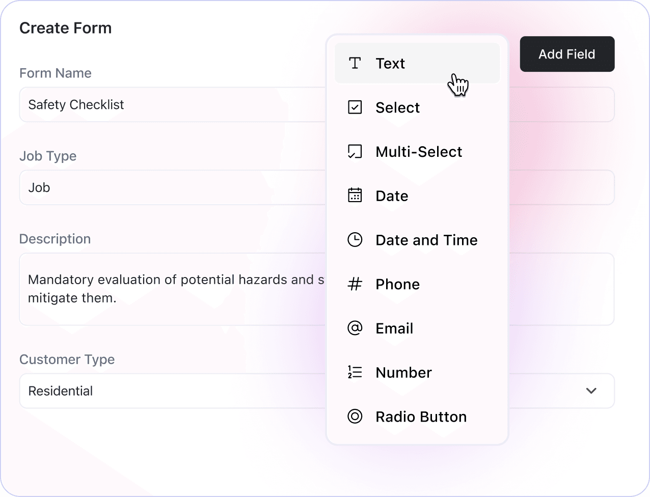 FieldCamp custom form builder interface with options to add fields such as text, select, date, phone, email, and radio buttons.