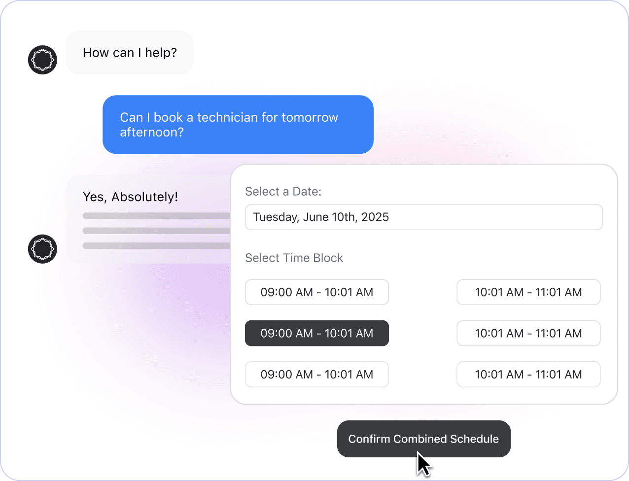 AI receptionist chat interface showing technician scheduling with date and time-block selection for booking a service appointment.