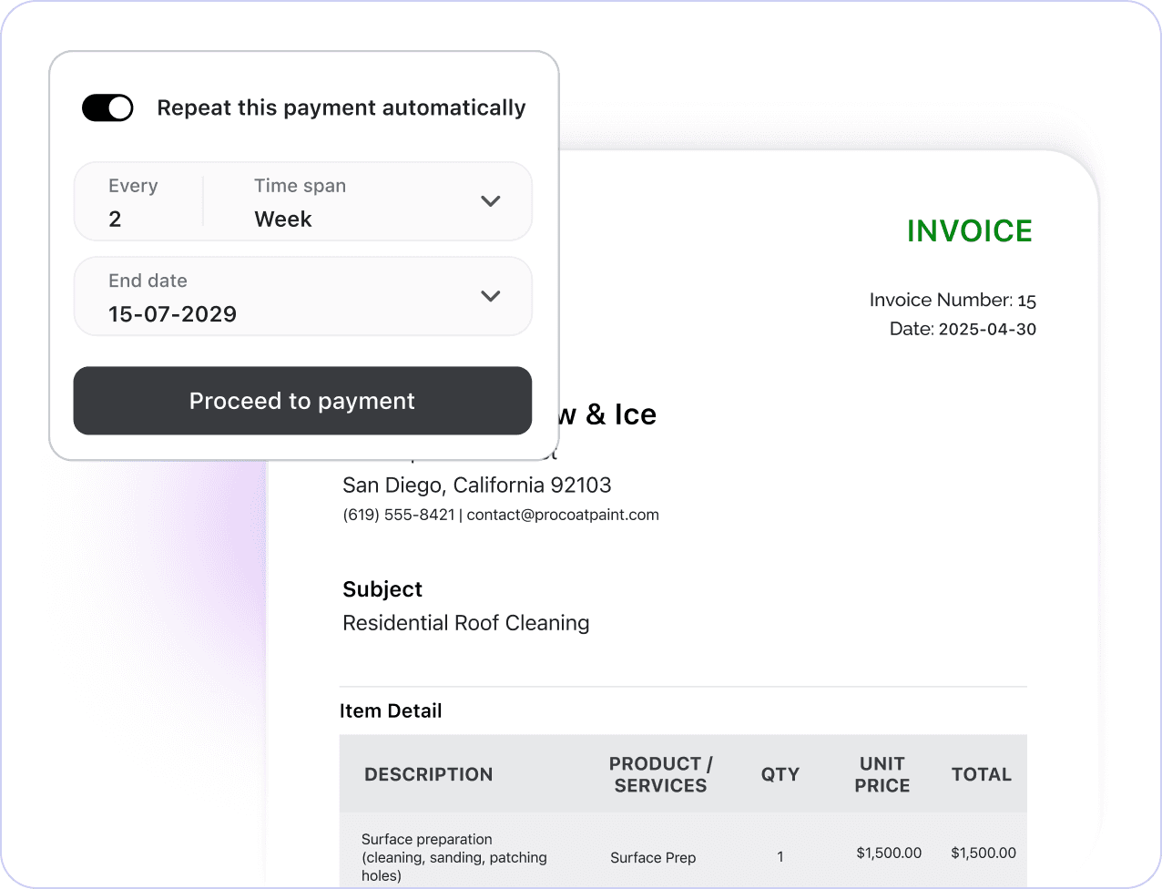 FieldCamp invoice screen with automatic recurring payment options and detailed billing information
