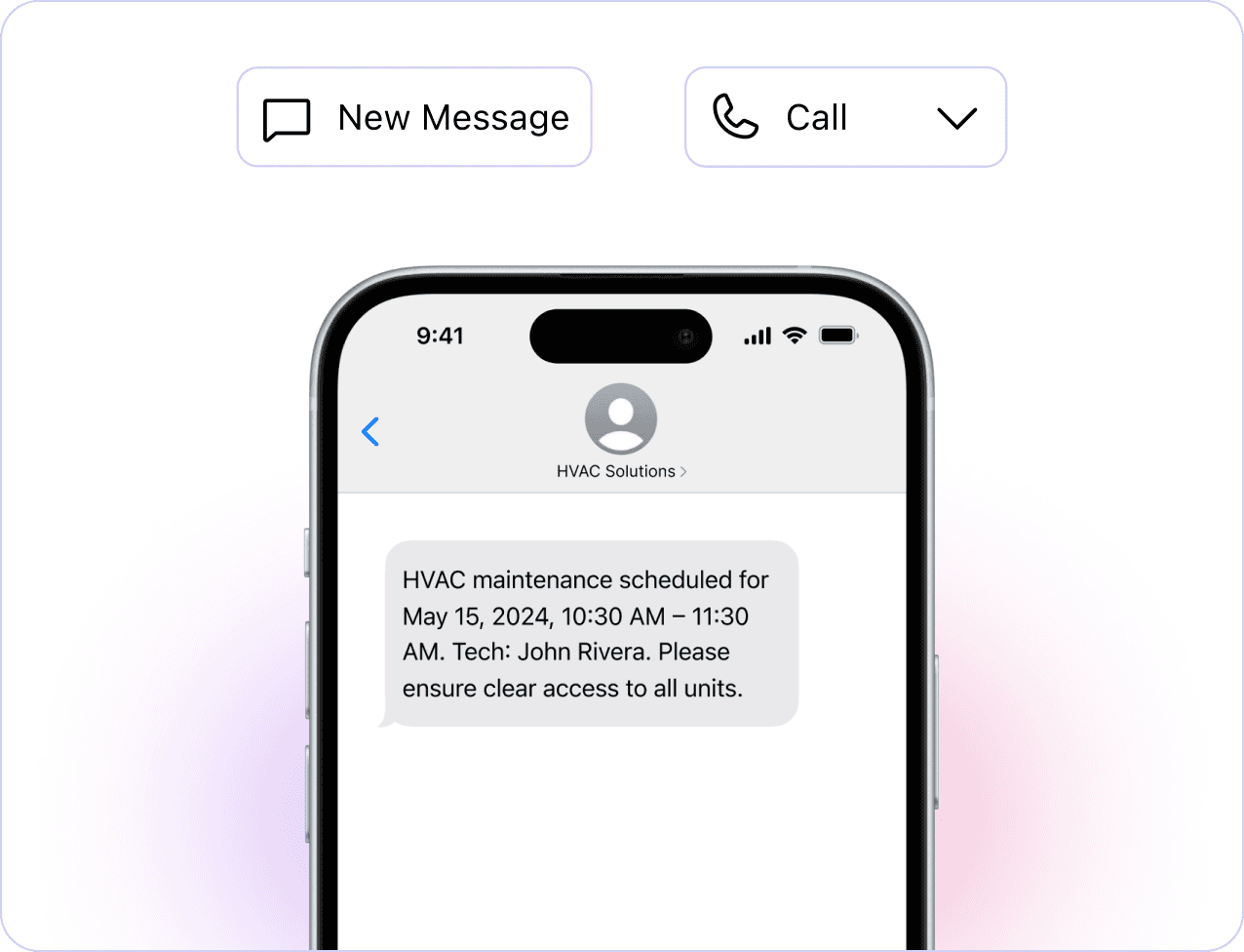 Mobile phone displaying automated HVAC appointment reminder text message with date, time, and technician details.