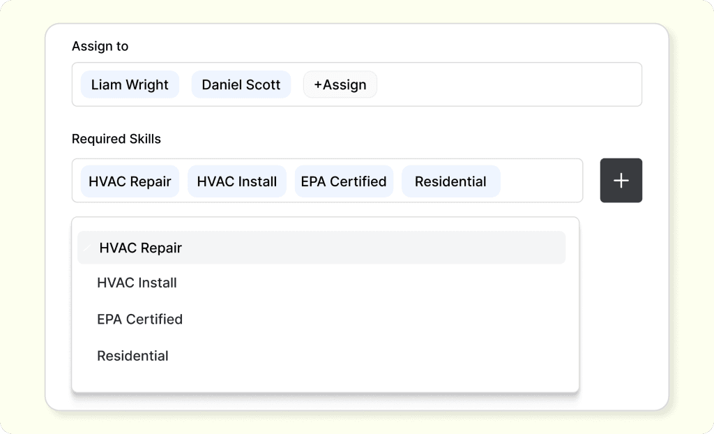 Dispatch software interface showing technician assignment with required HVAC skills like repair, installation, and EPA certification filters