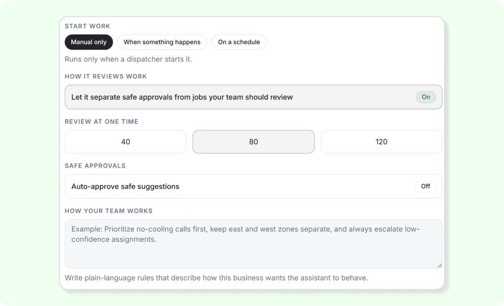 AI dispatch assistant configuration screen with automation rules, approval settings, and scheduling options for job routing optimization