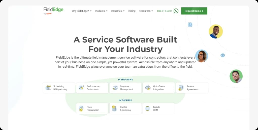 FieldEdge field service software homepage showing scheduling, QuickBooks integration, and service agreements – ServiceTitan alternative for contractors
