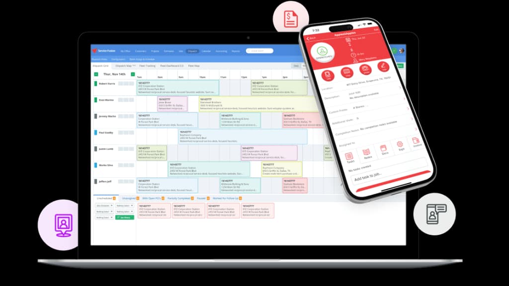 Service Fusion dispatch grid with technician scheduling and job assignments – flat-rate ServiceTitan alternative