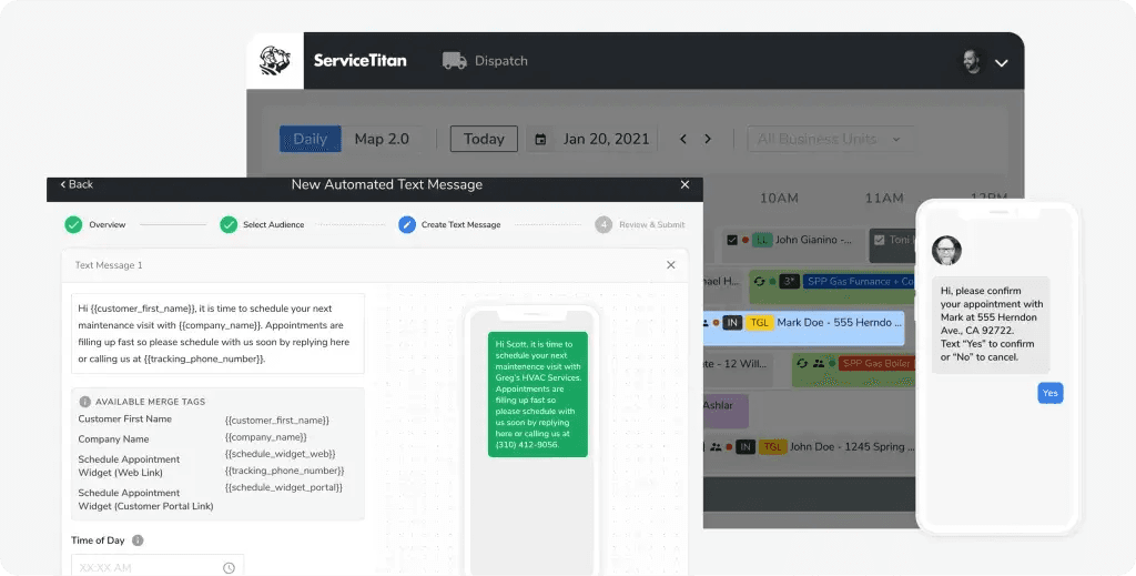 ServiceTitan automated SMS interface for sending appointment reminders, confirmations, and customer updates directly from the dispatch dashboard.