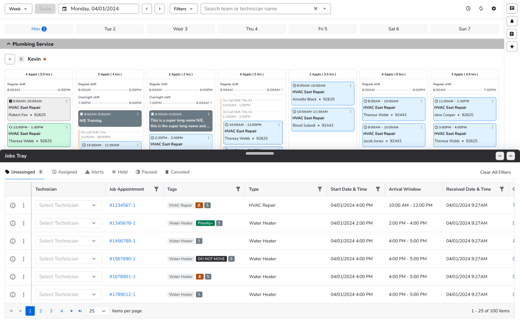 ServiceTitan dispatch scheduling view showing technician calendars, HVAC repair appointments, arrival windows, and a centralized jobs tray for assignment control.