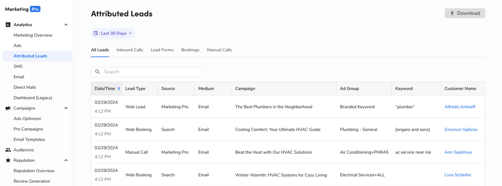 ServiceTitan attributed leads dashboard tracking inbound calls, bookings, campaigns, keywords, and marketing performance across multiple channels.