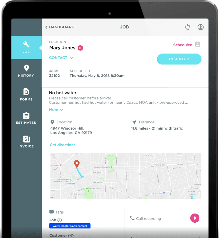 ServiceTitan mobile app showing job details, customer location, dispatch status, navigation map, and technician workflow from a tablet interface.