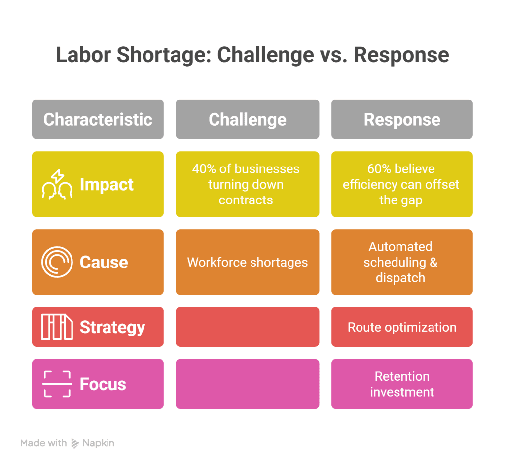 Labor shortage challenge vs response infographic showing 40% of cleaning businesses turning down contracts and strategies like automated scheduling and route optimization
