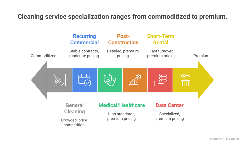 Cleaning service specialization spectrum from commoditized general cleaning to premium data center and healthcare services