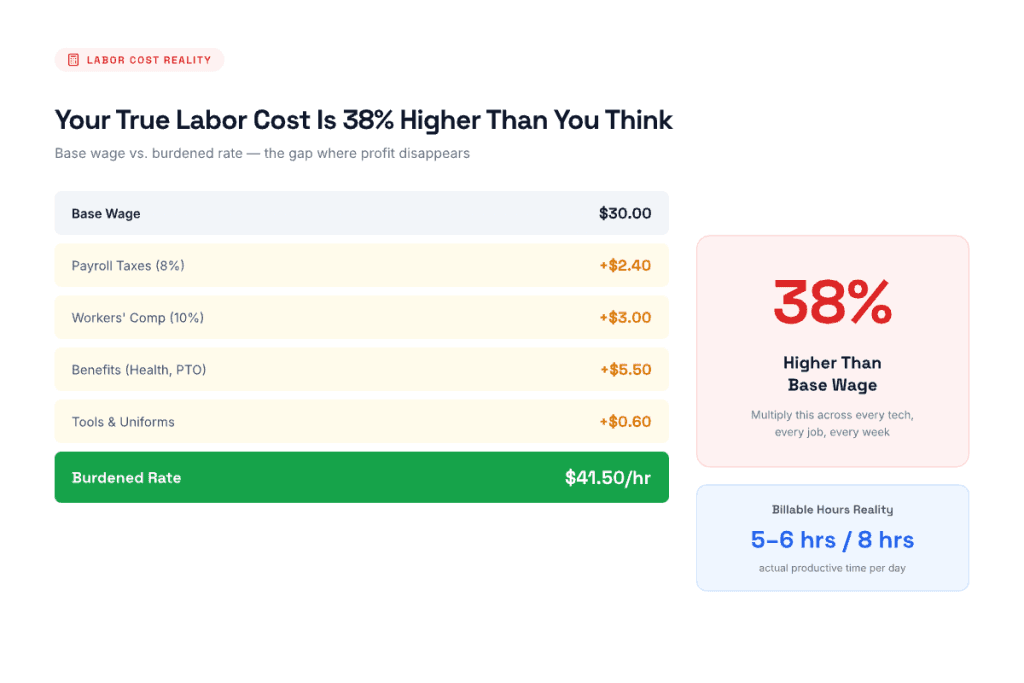 HVAC burdened labor rate calculation showing true cost of $41.50/hr vs $30/hr base wage — includes payroll taxes, workers' comp, and benefits