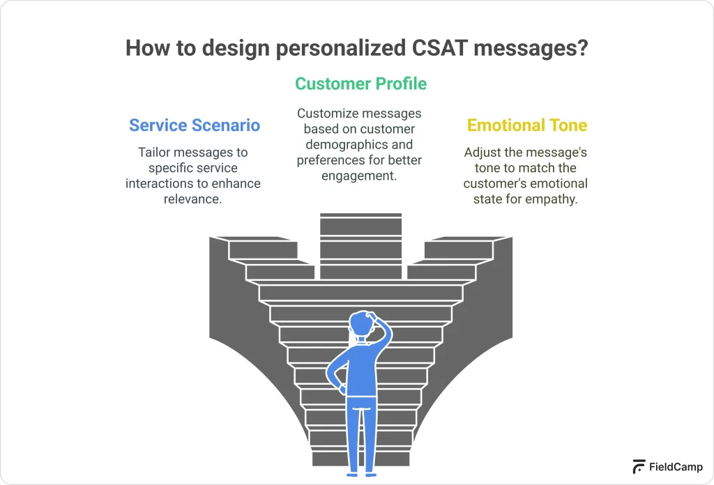 Visual guide to tailoring CSAT messages using service context, customer demographics, and emotional tone adjustments