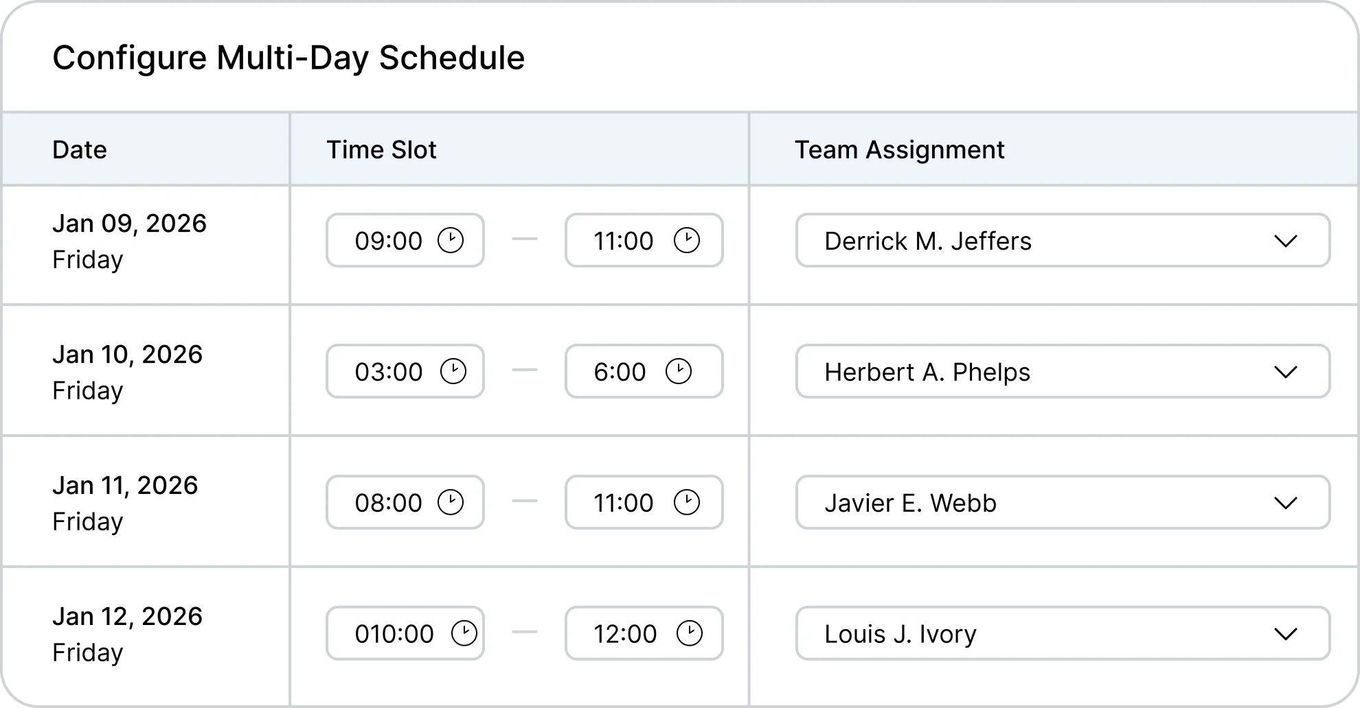 FiedlCamp's product screen of multi day scheduling