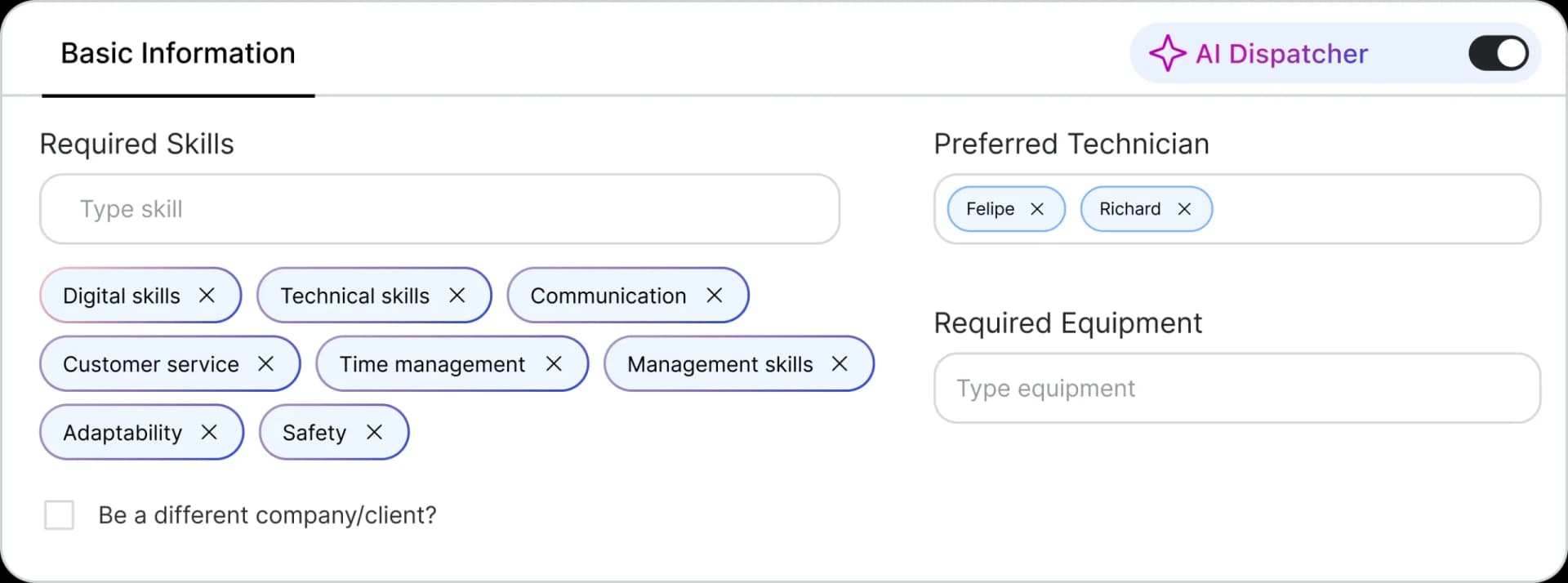 skill based technician assignment in FieldCamp's AI dispatcher