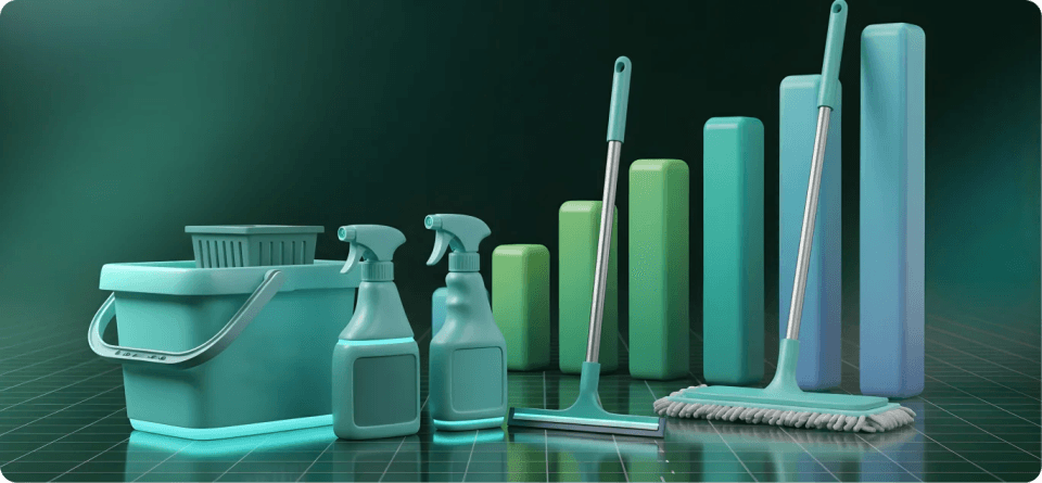 3D illustration of cleaning equipment including bucket, spray bottles, squeegee, and mop alongside ascending bar chart representing cleaning industry market growth trends in 2026