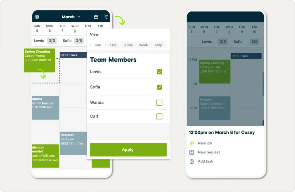 Mobile scheduling interface of Jobber showing job assignment, team member selection, and calendar view for field service tasks