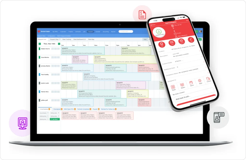 Laptop showing service scheduling calendar with a mobile app for job management and field service operations