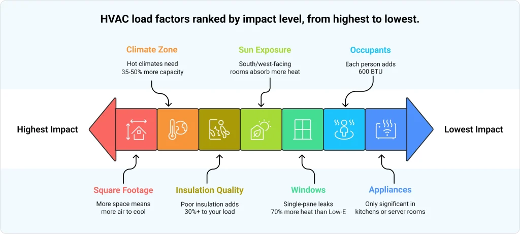 Infographic showing HVAC load factors ranked by impact level from highest to lowest: square footage, climate zone, insulation quality, sun exposure, windows, occupants, and appliances