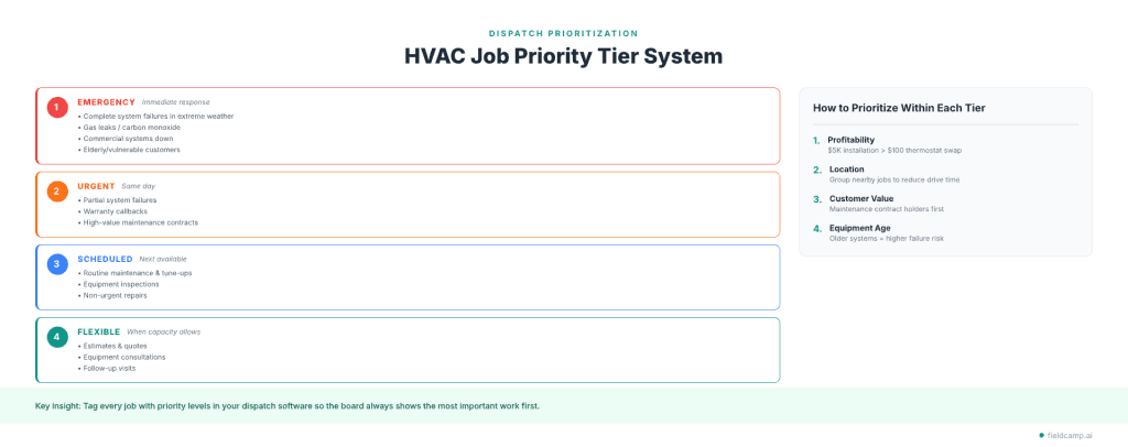 How HVAC service calls are prioritized using a job tier system including emergency, urgent, scheduled maintenance, and flexible jobs based on urgency, customer impact, and scheduling capacity.
