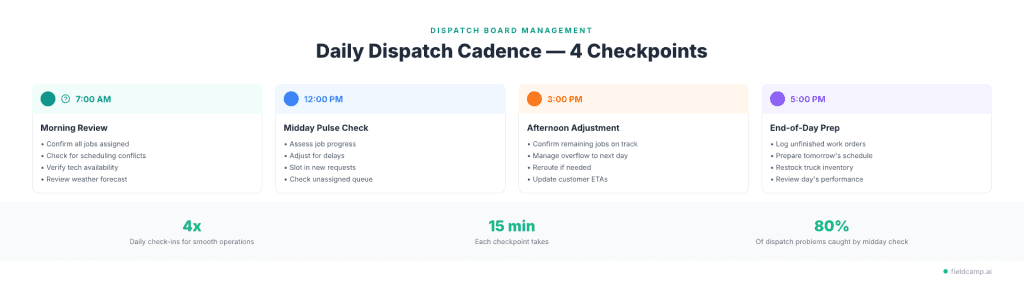 How HVAC dispatchers manage daily operations through four checkpoints including morning job review, midday progress monitoring, afternoon schedule adjustments, and end-of-day planning.