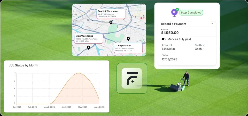 Field service dashboard displaying client information, job details, and management records in a table view