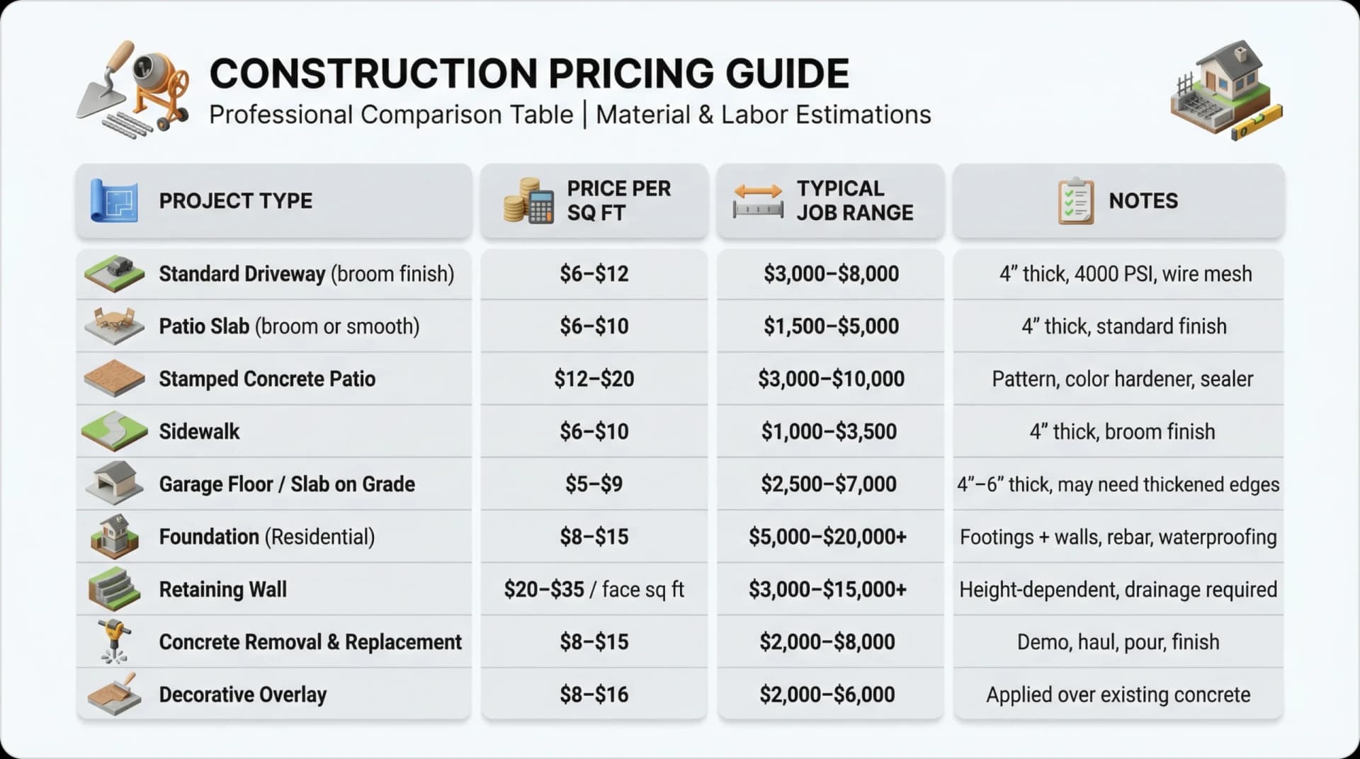 Construction pricing guide table showing concrete project types with price per square foot, typical job cost ranges, and notes for driveways, patios, sidewalks, foundations, retaining walls, and decorative concrete work.