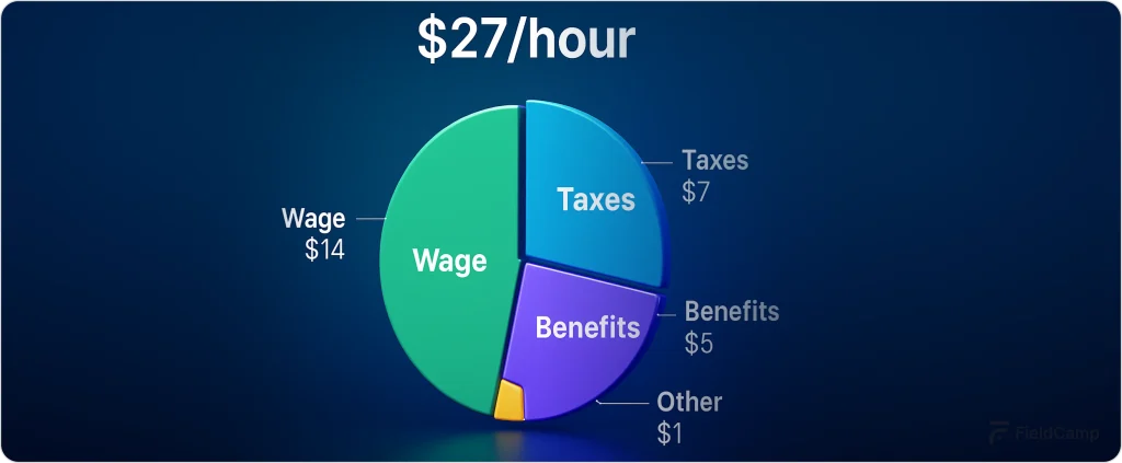 Pie chart showing hourly labor cost distribution with wages, taxes, benefits, and other expenses