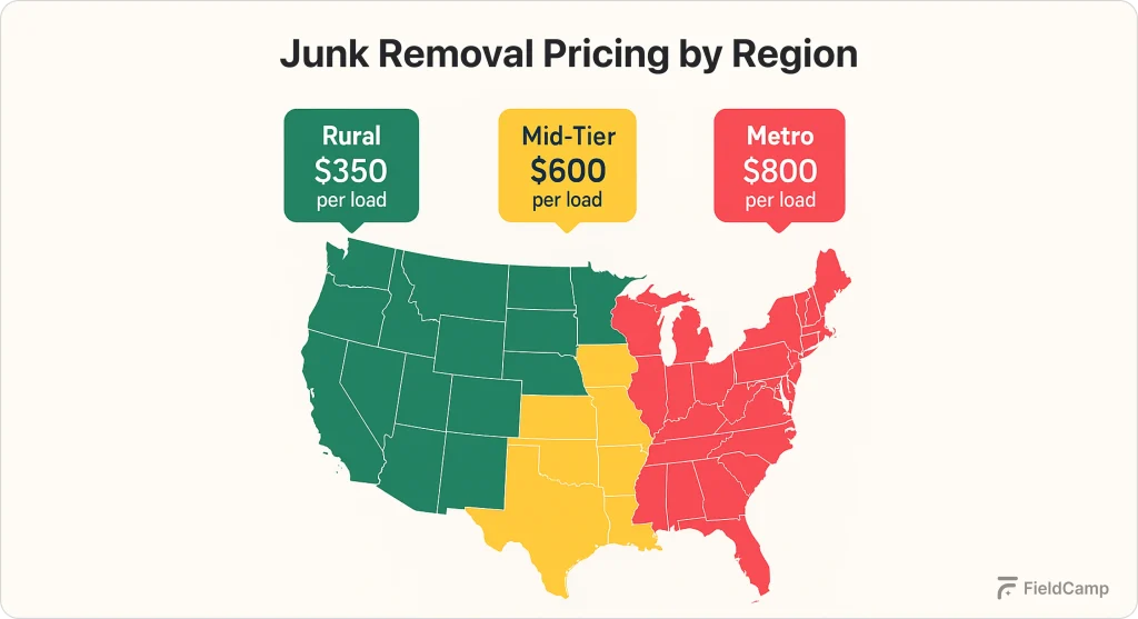 Map of the United States highlighting regional differences in junk removal pricing across rural, mid-tier, and metropolitan areas.