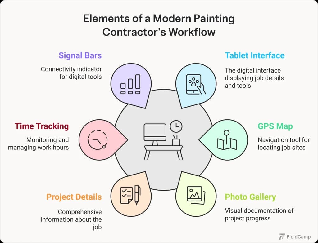 Modern painting contractor workflow chart: signal bars, tablet interface, time tracking, GPS map, project details, photo gallery.