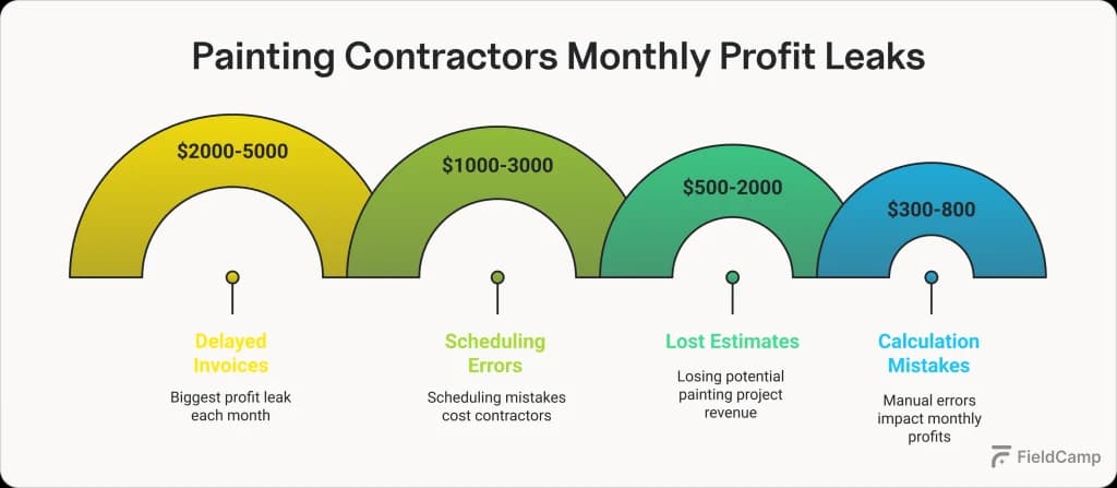 Infographic showing monthly profit leaks for painting contractors from delayed invoices, scheduling errors, and estimate mistakes.