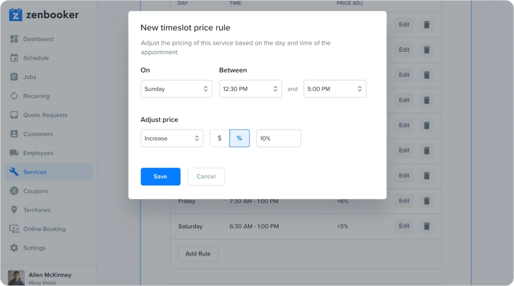 Zenbooker timeslot price rule popup showing day, time, and percentage price adjustment settings.