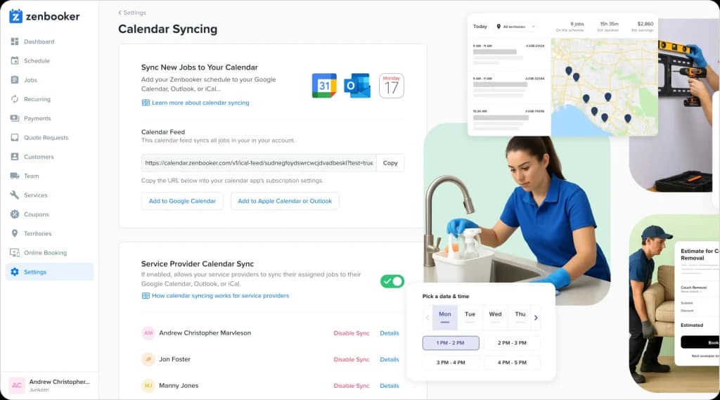 Zenbooker calendar syncing screen showing Google, Outlook, and Apple Calendar integration options.