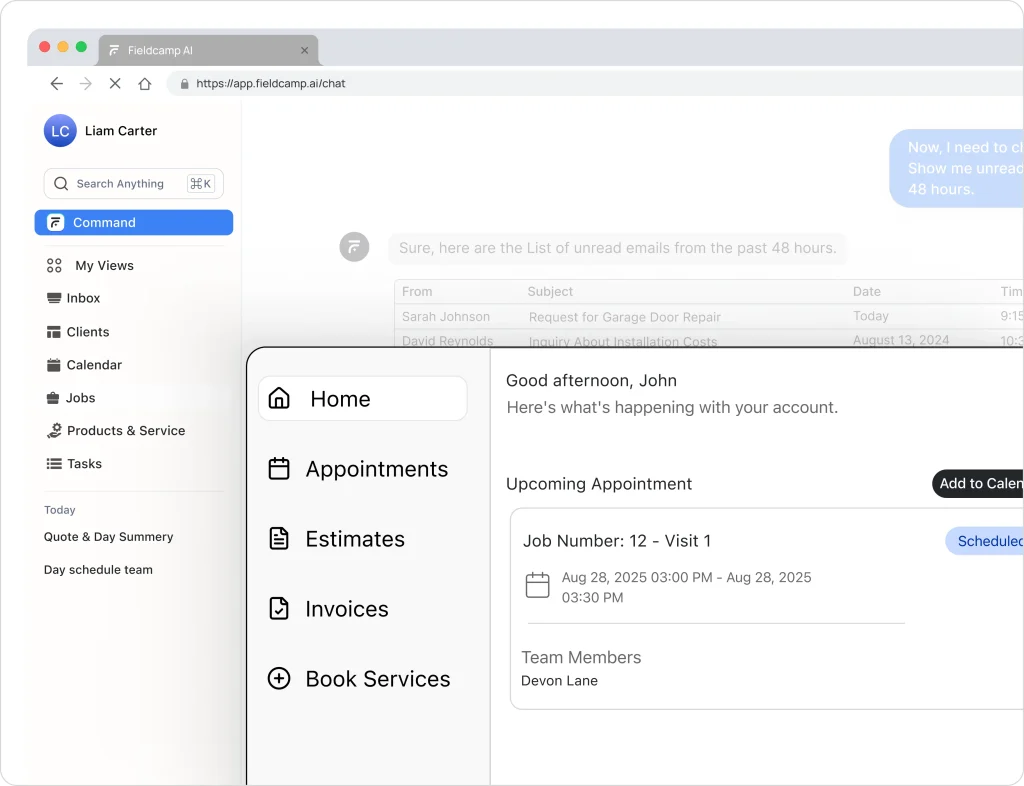 FieldCamp dashboard showing role-based interface with job summary, appointment details, and team member assignment.