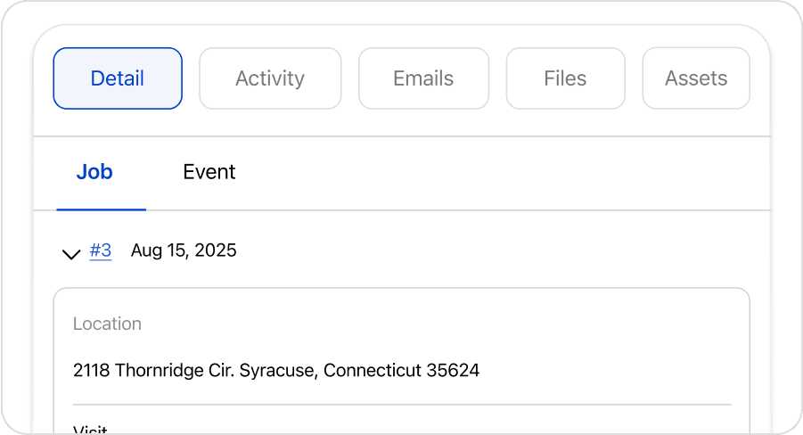 field service job detail screen with client location activity emails files and asset management tabs all in one go