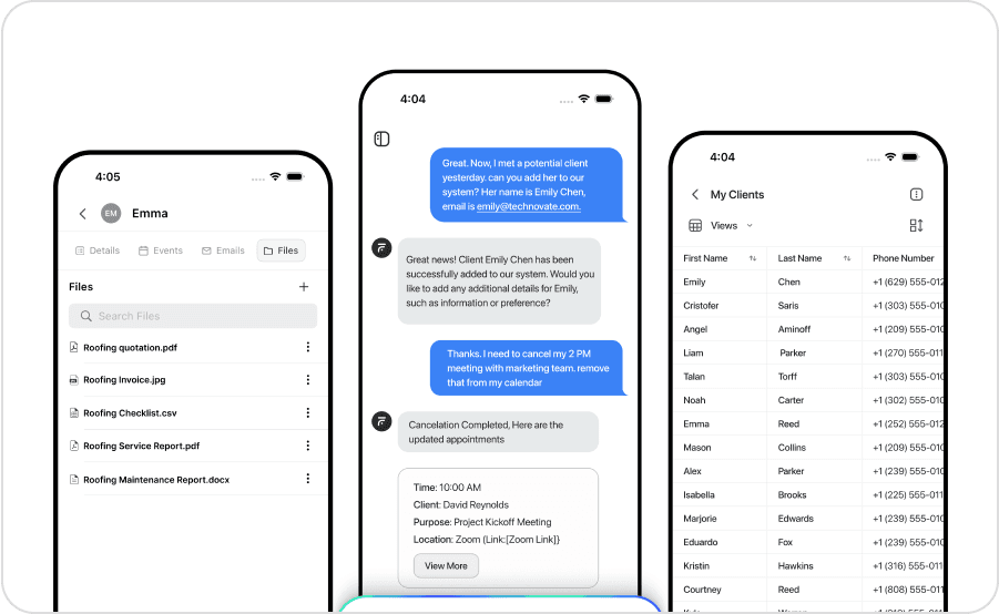 field service mobile app showing client management file storage and ai chat based scheduling features
