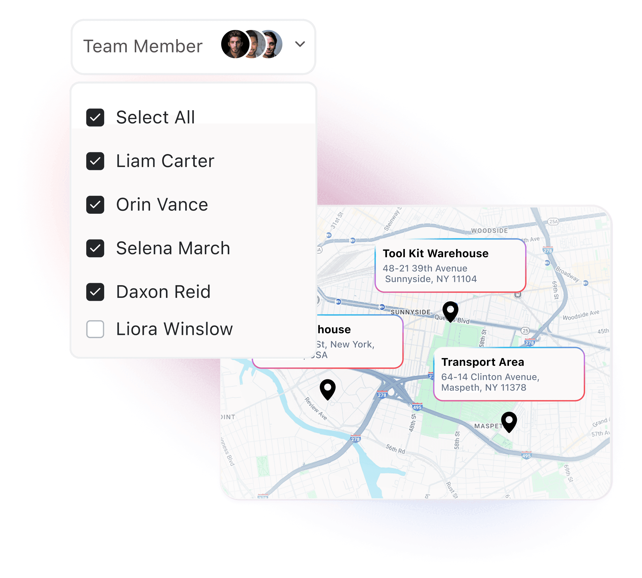field service team management map view with technician details and allocated job locations for dispatch planning