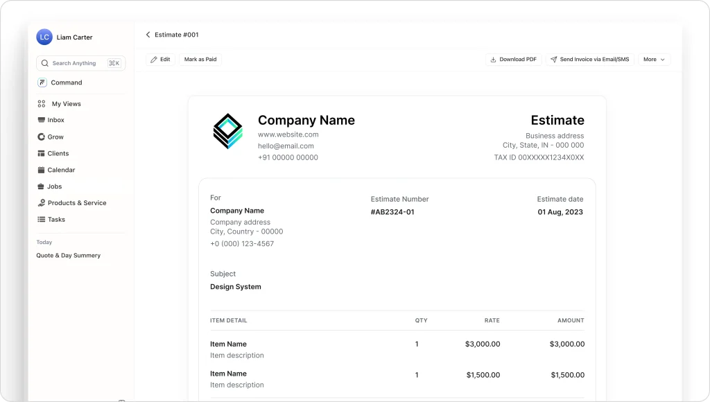 FieldCamp estimate template customization interface showing editable fields, company branding, and downloadable PDF invoice layout.